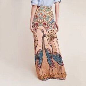 Farm Rio Anthropologie Peacock Print Maxi Long Skirt Broomstick Skirt small